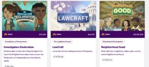 iCivics game selection screen featuring “Investigation Declaration,” “LawCraft,” and “Neighborhood Good,” showcasing civic learning games for different grade levels with illustrated character art.
