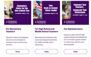 iCivics game selection screen featuring “Investigation Declaration,” “LawCraft,” and “Neighborhood Good,” showcasing civic learning games for different grade levels with illustrated character art.