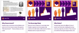 iCivics lesson plan thumbnails for “Why Government?,” “The Sovereign State,” and “Who Rules?” for grades 6–8, focusing on government systems and political theory through interactive classroom materials.