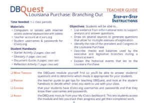 DBQuest teacher guide for the “Louisiana Purchase: Branching Out” module, outlining objectives, required materials, and step-by-step teaching instructions for civic analysis and historical study.