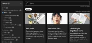 Exploratorium activity search results showing biology lessons such as “Pea Sorter,” “Who’s Like You?,” and “Searching for Significant SNPs,” with a sidebar to filter by science subject areas.