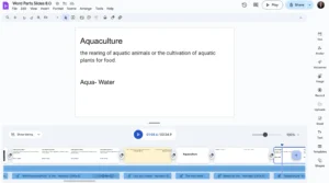 Google Vids project interface with a slide that displays the word “Aquaculture” and its definition. The bottom shows the video timeline, with voiceover segments and multiple slides arranged for editing.