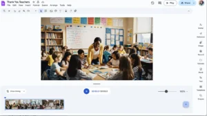 Google Vids editor interface showing a classroom video titled “Thank You Teachers.” A teacher is engaging with a group of elementary students around a table. The right sidebar includes tools like Avatar, Voiceover, Image, and Templates.