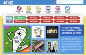 Screenshot of the HelloKids homepage showing colorful navigation buttons for drawing, crafts, coloring, games, reading, and movies. Grade level buttons from Pre-K to 8th grade are displayed below. Featured content includes a cartoon pencil character, a “How to Draw a Minion” guide, a basketball game called Tap-Tap Shots, and educational icons like U.S. presidents.