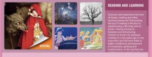 Section titled “Reading and Learning” featuring a large image of Little Red Riding Hood with the wolf, and five small image tiles including outer space, a bare tree, Aladdin with a lamp, and Hansel and Gretel at a candy house. A sidebar paragraph explains the value of reading and accessing literature for early learning and development.