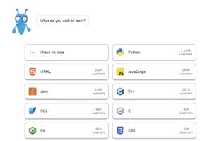 Programming language selection screen with options like Python, JavaScript, HTML, and SQL