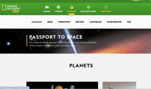 Screenshot of the National Geographic Kids Animals section featuring a space-themed banner titled “Passport to Space” with a planets section below.