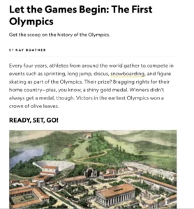 A screenshot of an article titled “Let the Games Begin: The First Olympics” with introductory text and an illustration of an ancient Olympic site.