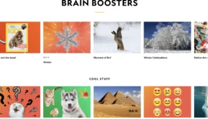 A collage from National Geographic Kids showing “Brain Boosters” and “Cool Stuff,” including winter-themed quizzes, animals, pyramids, and emoji graphics.