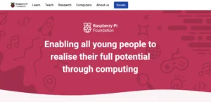 Raspberry Pi Foundation homepage with mission statement about enabling young people through computing