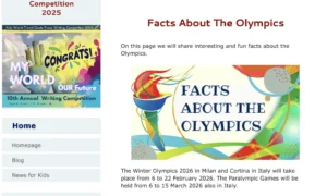 Screenshot of a “Facts About the Olympics” page from Kids World Travel Guide with information about the 2026 Winter Olympics in Milan and Cortina