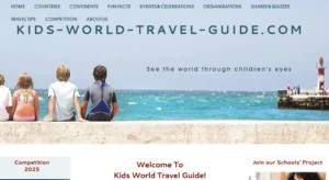 Kids World Travel Guide homepage showing navigation menu and banner reading “See the world through children’s eyes.”