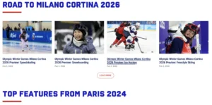 Screenshot of TeamUSA.com - says "Road to Milano Cortina 2026" and shows photos of speed skating, paralympic ice hockey, and skiers.