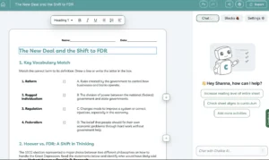 Editable worksheet on the New Deal with vocabulary matching and AI assistant suggestions on the side.