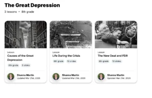 Great Depression lesson series overview with three 8th grade history lessons displayed as cards.