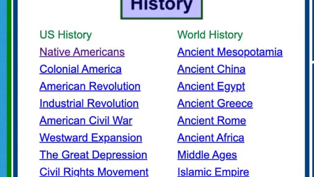 A screenshot of example history topics from Ducksters