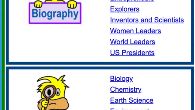 A screenshot of Ducksters lessons on biographies and science