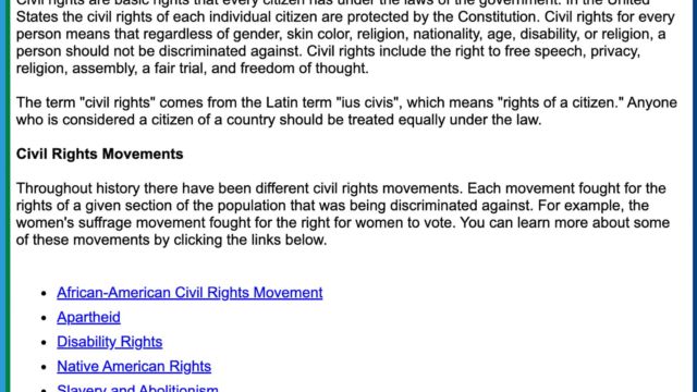 Screenshot of a civil rights lesson from Ducksters
