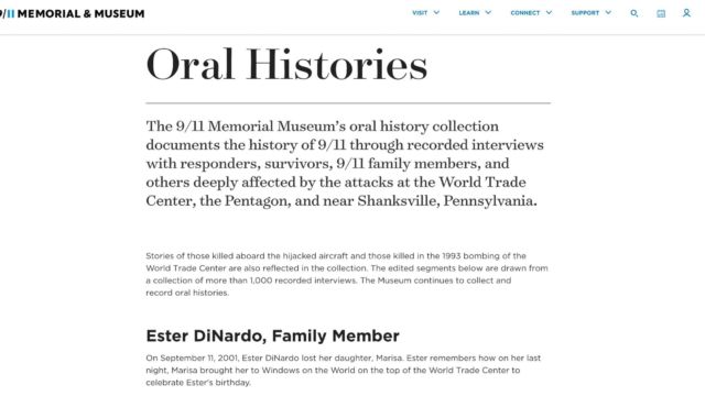 Screenshot of oral histories page from the 9/11 Memorial
