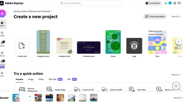 Adobe Express create a new project page