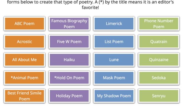 Poetry Games screenshot of poetry style selector