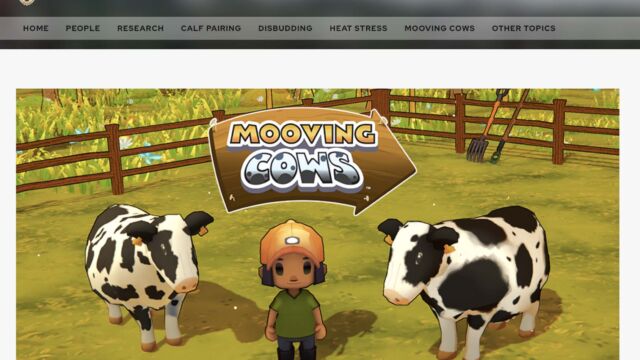 Mooving Cows homepage screenshot. A little cartoon farmer in between two cows. There's a fence in the background.