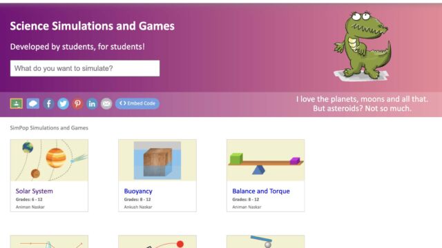 This image shows the "Science Simulations and Games" section of the SimPop website. It features six different simulations and games covering topics such as the Solar System, Buoyancy, and Balance and Torque, all developed by students for other students.