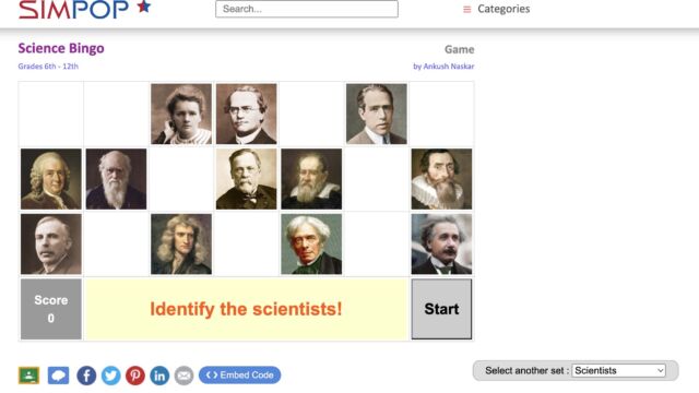 This image shows a "Science Bingo" game grid featuring portraits of various historical scientists. The game is designed for grades 6-12 and is developed by Ankush Naskar. The objective is to identify the scientists shown in the portraits.
