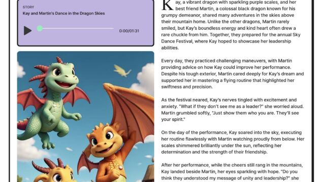 Graphic interface of Kidgeni featuring a playful and colorful story about Kay and Martin's Dance in the Dragon Skies, with a storycast button and a text excerpt from the story below an image of two animated dragons in a joyful pose.