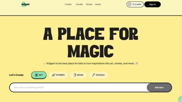 Landing page of the Kidgeni website with a bold headline 'A PLACE FOR MAGIC' on a mustard yellow background. The site encourages kids to transform their inspirations into art, stories, and more, with several interactive buttons for art, stories, books, and doodles.