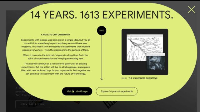 A screenshot from the Google Experiments homepage, which is being replaced by Google Labs. The text mentions that Experiments with Google was born out of a simple idea 14 years ago, which turned into thousands of experiments that inspired people everywhere. The site will continue as an archival gallery while the action moves to Google Labs, a new place filled with tools and toys to play with while experimenting with future technologies.
