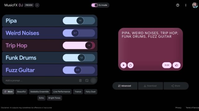 A screenshot of the MusicFX DJ feature in Google Labs, showing sliders to adjust the levels of different sound effects like pipa, weird noises, trip hop, funk drums, and fuzz guitar.
