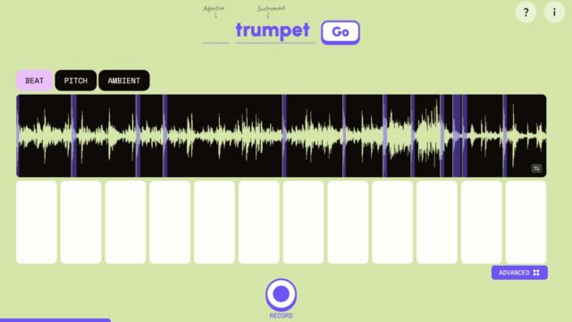 A screenshot of the Instrument Playground feature in Google Labs, showing a trumpet interface that allows you to play notes by clicking the keys, and adjust the beat, pitch and ambient sound using the sliders. There is also a "Go" and "Record" button.