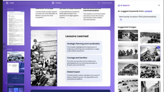 Screenshot of an educational software interface titled 'D-Day and the Normandy Invasion: A Historical Overview', showing a digital workspace with sections for topic, outline, and presentation. The screen displays an outline with key points about the historical significance, strategy, and legacy of D-Day. To the right, a sidebar suggests various historical images related to the Normandy Invasion.