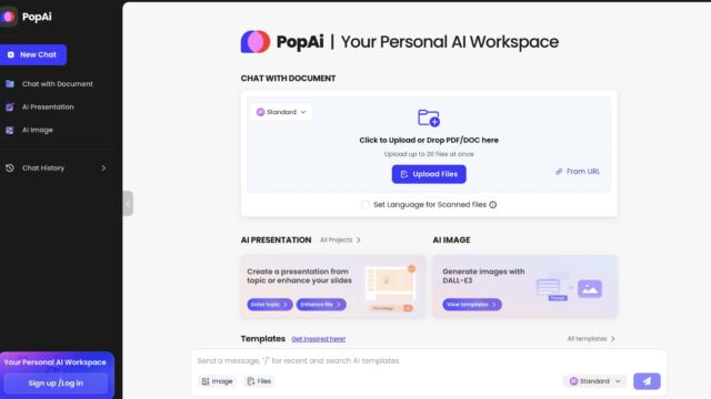 Homepage screenshot of PopAI, an AI workspace tool, featuring options for new chats, chatting with documents, AI presentations, and generating AI images. The interface has a sleek design with purple and black color accents.