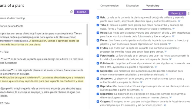 A reading comprehension section in QuestionWell featuring content in Spanish about plant parts. The section lists parts like roots and stems and explains their functions. On the right, learning outcomes and comprehension questions are displayed, with options to export or assign the material.