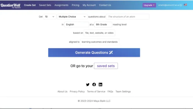 A content reading section from QuestionWell, featuring the U.S. National Park Service’s webpage about Mount Rushmore. On the right, learning outcomes and multiple-choice comprehension questions are listed, with options to assign or export the content.