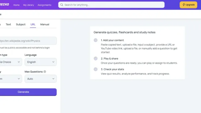 A quiz question generated by QuizGecko titled “Visiting Ellis Island: Ferry Tips.” The first question asks, “Who operates the ferry service to Liberty and Ellis Islands?” with a field for the user to type their answer and a submit button below.