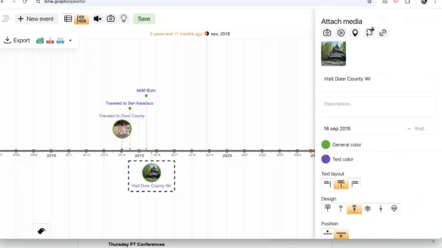 Screenshot of the Time.Graphics export options with a dark-themed timeline background. A selection menu shows export options such as JPG/JPEG, PNG, PDF, Word document, and more. The timeline includes events like ‘Traveled to Door County’ and ‘AKM Born,’ represented by icons and text along a chronological axis.
