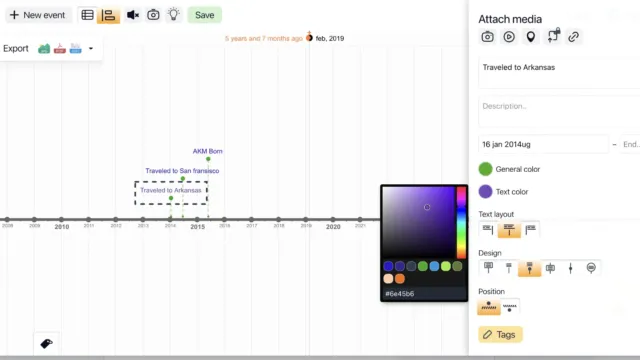 Screenshot of the Time.Graphics editor showing a timeline with events like ‘AKM Born,’ ‘Traveled to Arkansas,’ and ‘Traveled to San Francisco.’ The right panel is open with options to customize text and media for the event ‘Traveled to Arkansas.’ A color palette for text is displayed, with a selected shade of purple (#6e45b6).