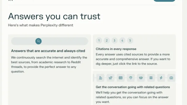 Perplexity AI promotional slide highlighting its value, titled “Answers you can trust,” explaining how Perplexity provides accurate, cited answers and related questions to continue the conversation.