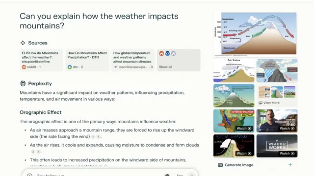Perplexity AI result page answering the question “Can you explain how the weather impacts mountains?” with sources and an explanation on the orographic effect, accompanied by related images of mountain weather patterns and diagrams.