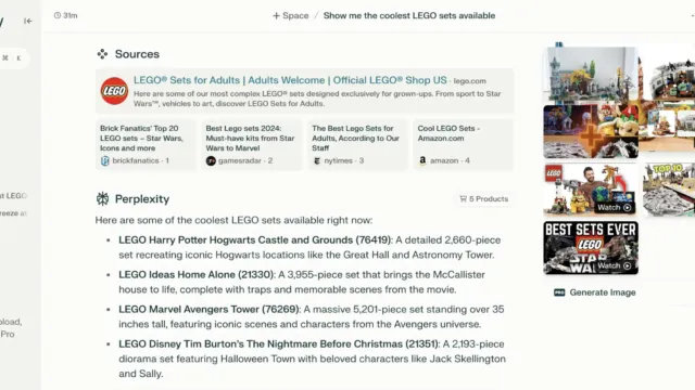 Screenshot from Perplexity AI listing “coolest LEGO sets available,” featuring detailed LEGO set descriptions, including Harry Potter Hogwarts Castle and Marvel Avengers Tower, along with related images and videos.
