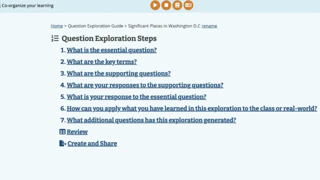 Screenshot of the Corgi Question Exploration Guide page, displaying a series of steps for exploring significant places in Washington D.C. The steps include identifying essential questions, key terms, and supporting questions, as well as applying the knowledge
