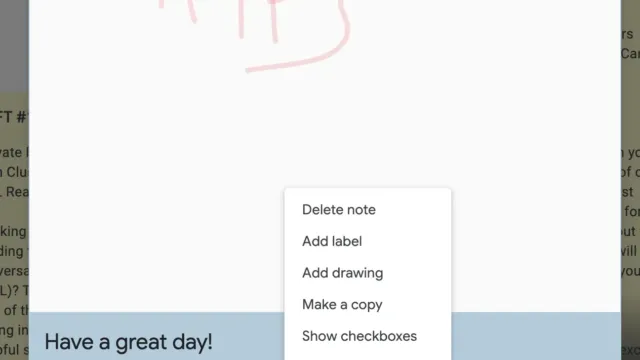 Screenshot of a Google Keep note showing menu options, including “Delete note,” “Add label,” “Add drawing,” “Make a copy,” “Show checkboxes,” “Grab image text,” “Copy to Google Docs,” and “Version history.” The note contains the handwritten word “Happy” and a purple star.