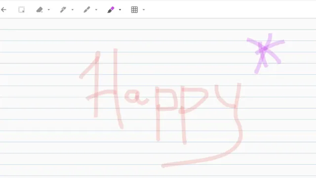 Screenshot of a handwritten note on lined paper within Google Keep. The note says “Happy” in large pink letters, with a purple star drawn above it.