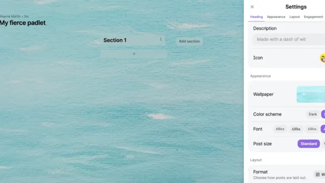 Screenshot of Padlet settings showing customization options for a padlet titled “My fierce padlet” by Shanna Martin. Options include descriptions, icons, wallpapers, color schemes, fonts, post size, and layout format.
