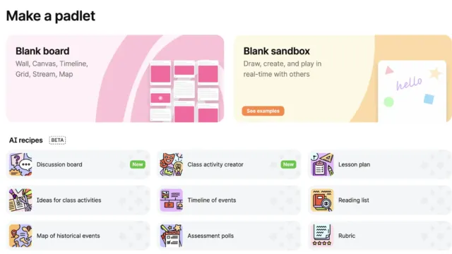 Screenshot of Padlet’s “Make a padlet” interface, showcasing options like “Blank board” and “Blank sandbox.” Below are AI recipes labeled as beta, including “Discussion board,” “Class activity creator,” “Lesson plan,” “Timeline of events,” and more, each with colorful icons.