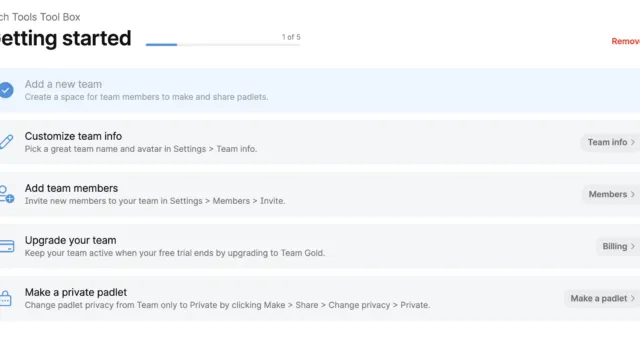 Screenshot of Padlet’s “Getting Started” guide. Steps include adding a new team, customizing team info, adding team members, upgrading the team, and making a private padlet. Each step includes a brief description and links to related settings.