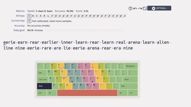 Another screenshot from Keybr.com showing an adaptive typing exercise. A sequence of words is displayed for typing practice, and the visual keyboard highlights key areas. The metrics at the top indicate accuracy, speed, and progress toward the daily goal. The interface is clean, with a minimalistic design focusing on skill-building.